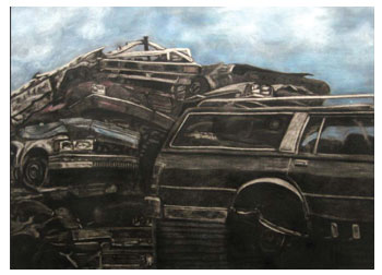 Charcoal study of salvage yard by Stacy Westervelt